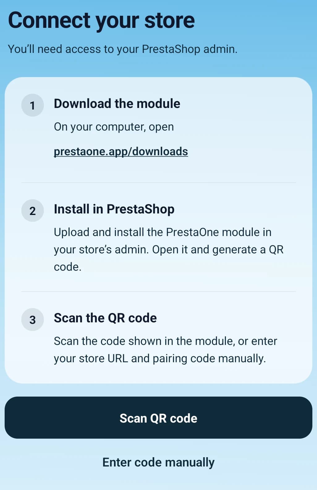 Connect your store screen with installation steps and the Scan QR code and Enter code manually actions