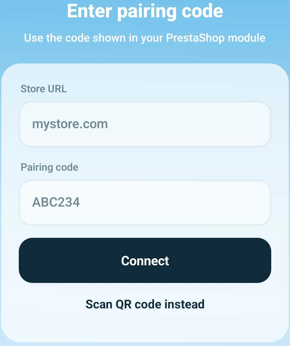 Manual pairing form showing Store URL, Pairing code and Connect