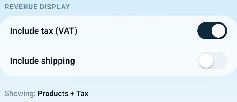 Revenue display settings with separate tax and shipping switches