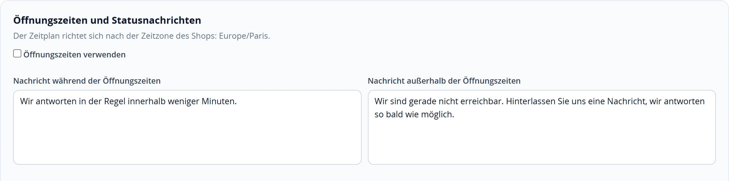 Schalter für die Öffnungszeiten und die beiden Felder für Verfügbarkeitsmeldungen
