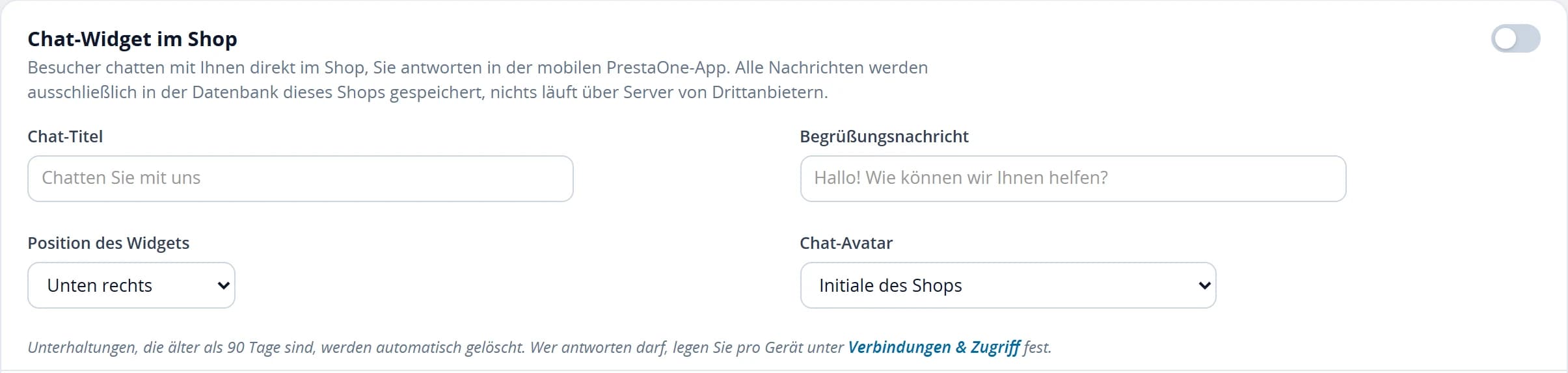 Einstellungen des Chat-Widgets mit Schalter, Titel, Begrüßungstext, Position und Avatar