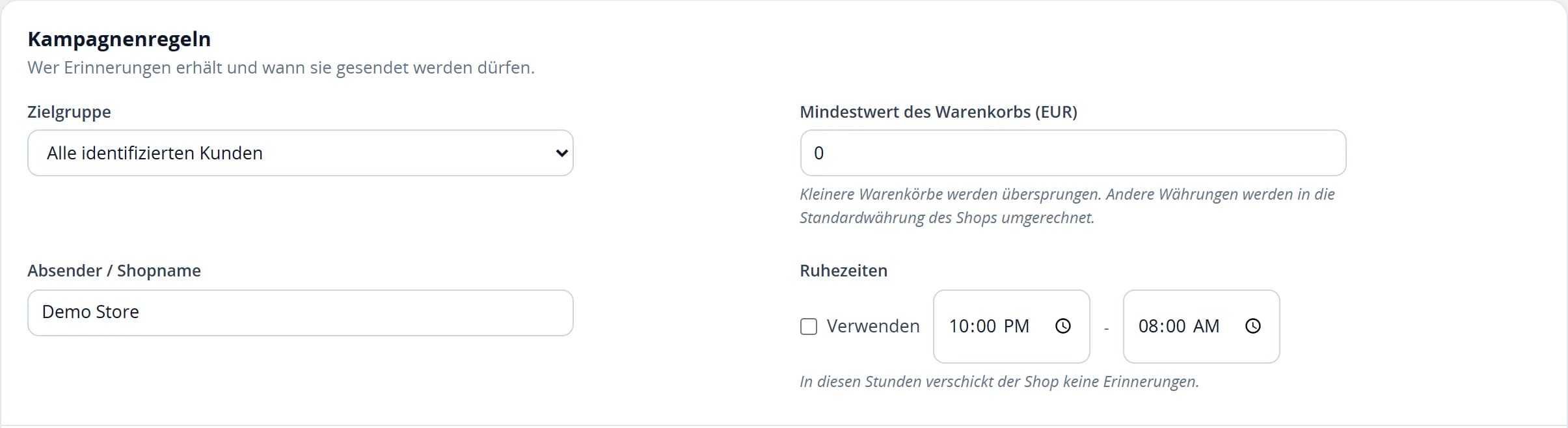 Kampagnenregeln für die Rückgewinnung: Zielgruppe, Mindestwert des Warenkorbs, Absendername und Ruhezeiten