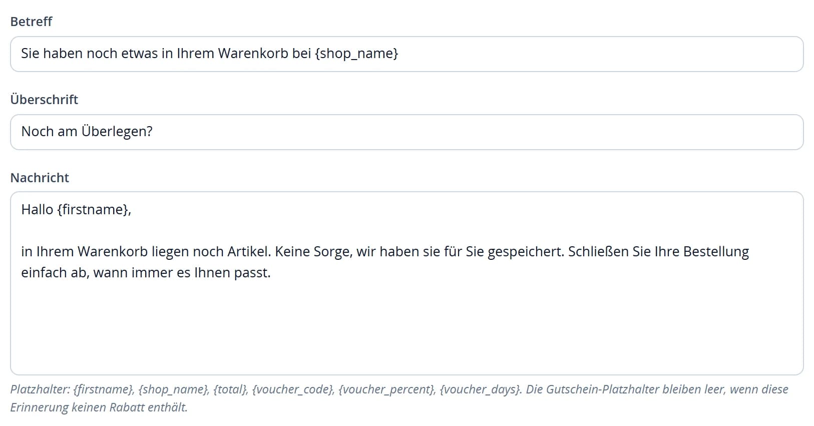 Editor für Betreff, Überschrift und Nachricht der Erinnerung mit den unterstützten Platzhaltern