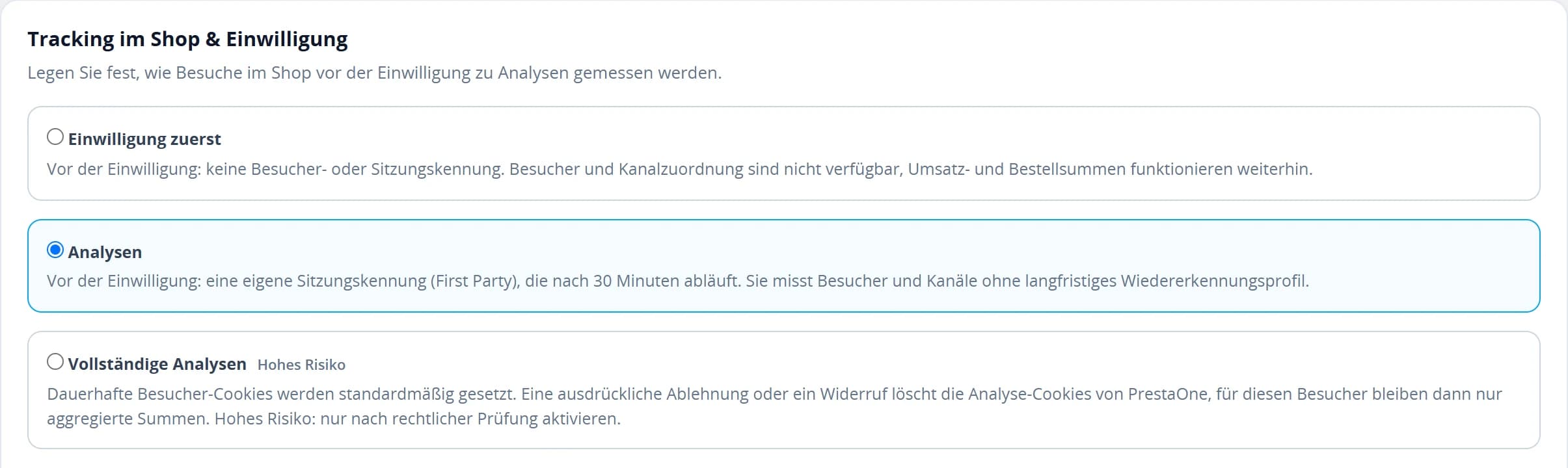 Die drei Tracking-Modi für den Shop mit ihren Erklärungen