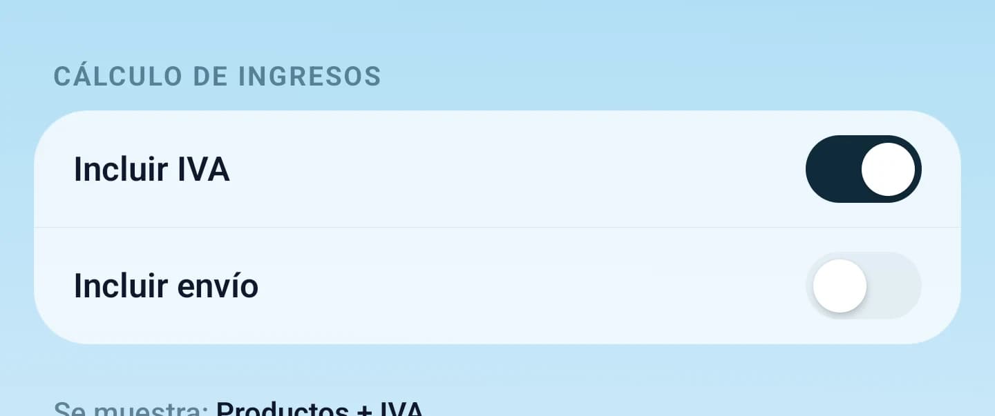 Ajustes de cálculo de ingresos con interruptores independientes para impuestos y envío