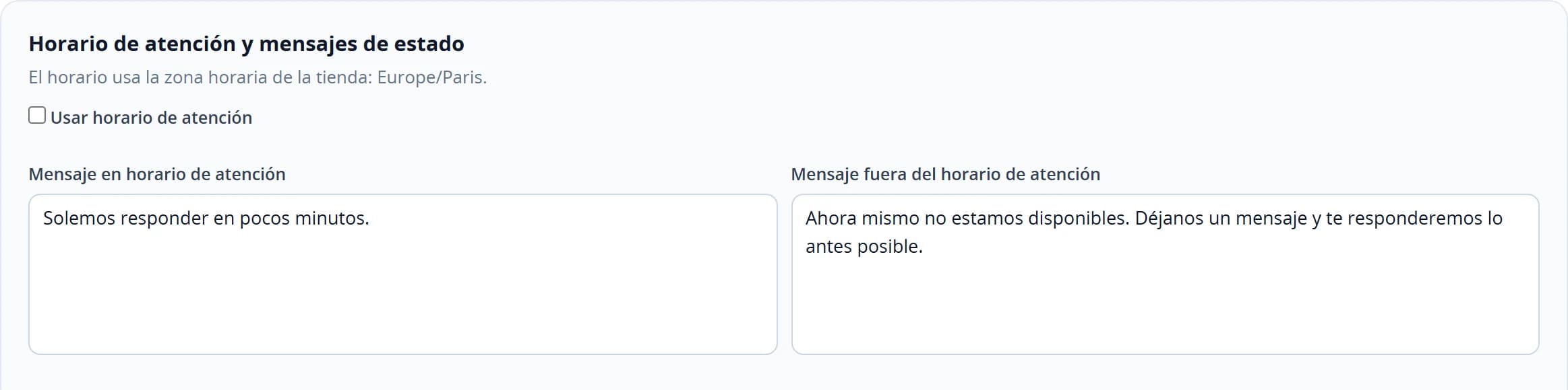Interruptor del horario de atención y los dos campos de mensaje de disponibilidad
