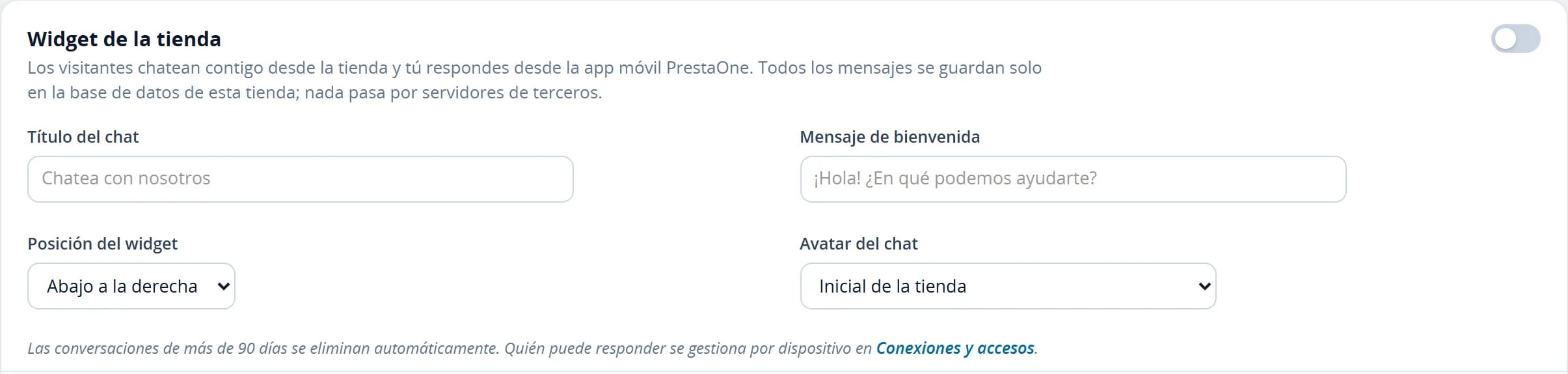 Controles del widget de la tienda: interruptor, título, mensaje de bienvenida, posición y avatar