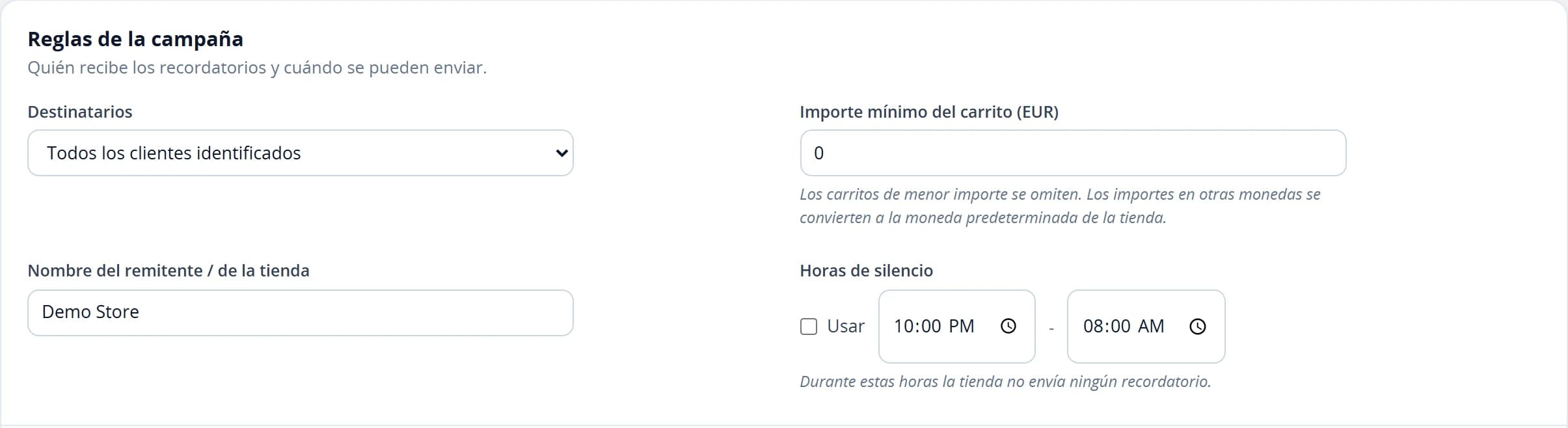Reglas de la campaña de recuperación: público, importe mínimo del carrito, nombre del remitente y horas de silencio