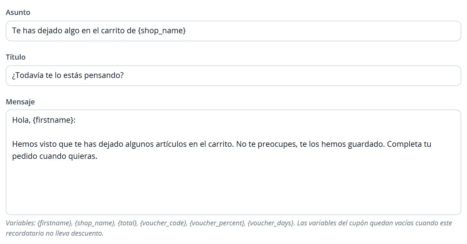 Editor del asunto, el encabezado y el mensaje del recordatorio con los nombres de variables admitidos