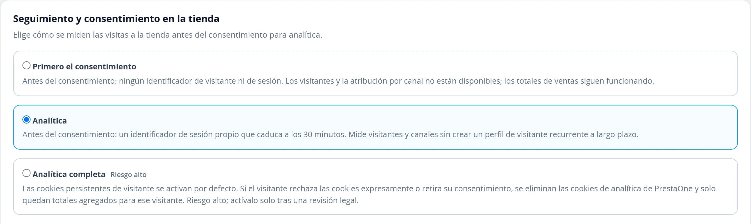 Los tres modos de seguimiento de la tienda y sus explicaciones
