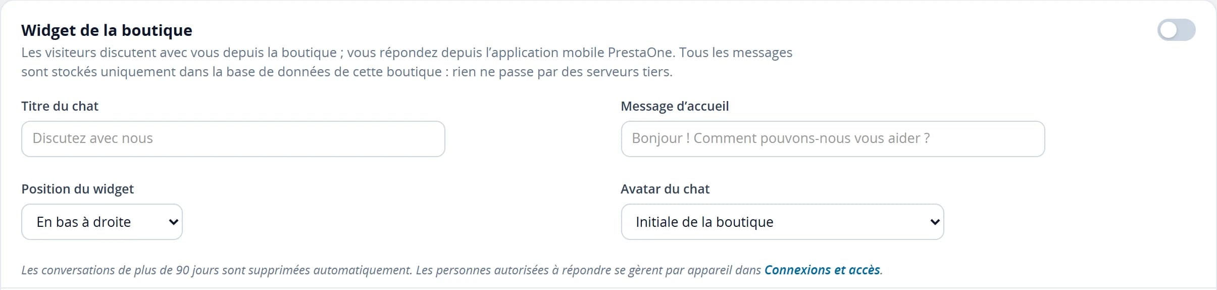 Réglages du widget de la boutique : interrupteur, titre, message d’accueil, position et avatar
