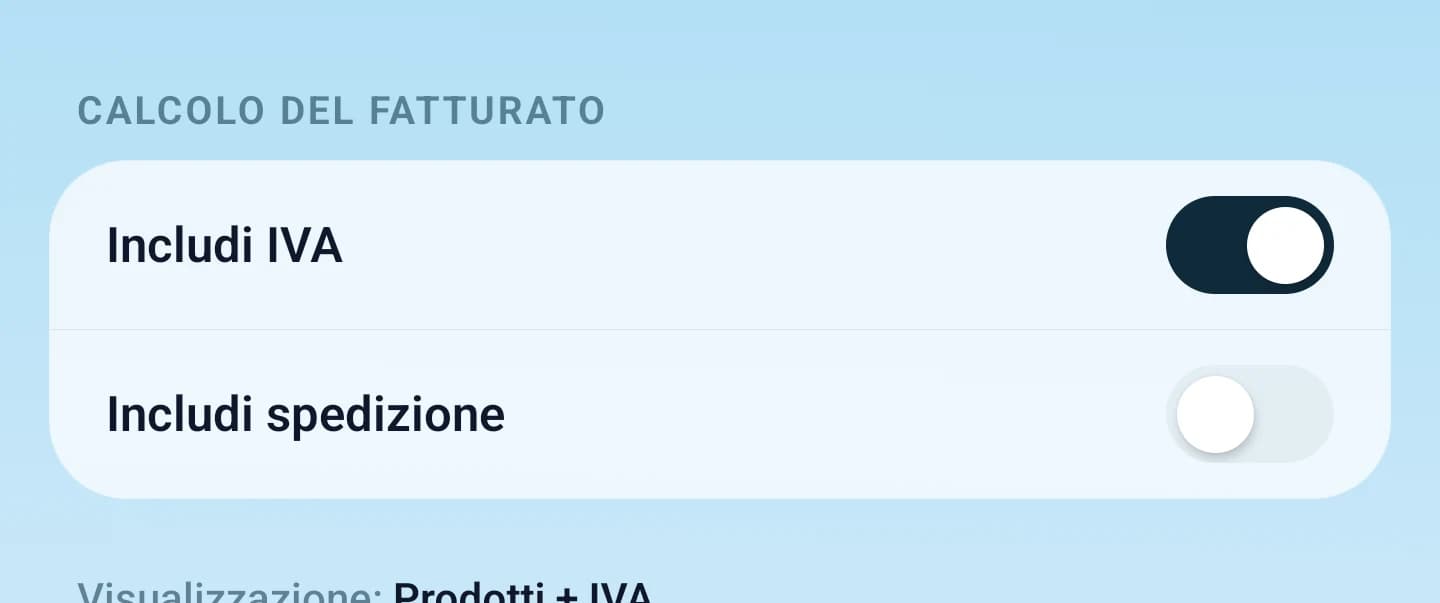Impostazioni di calcolo del fatturato con interruttori separati per IVA e spedizione