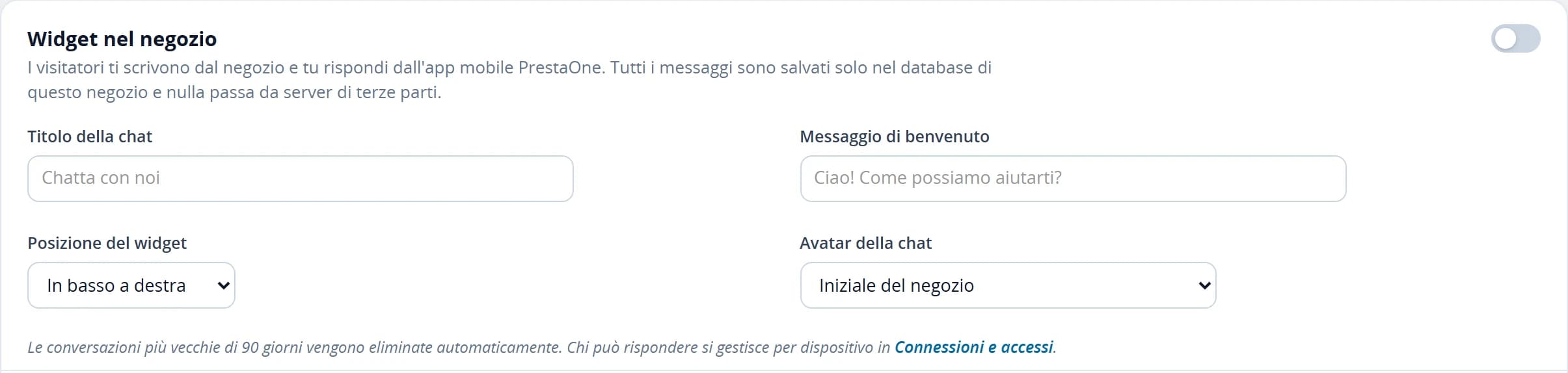 Controlli del widget sul negozio: interruttore, titolo, messaggio di benvenuto, posizione e avatar