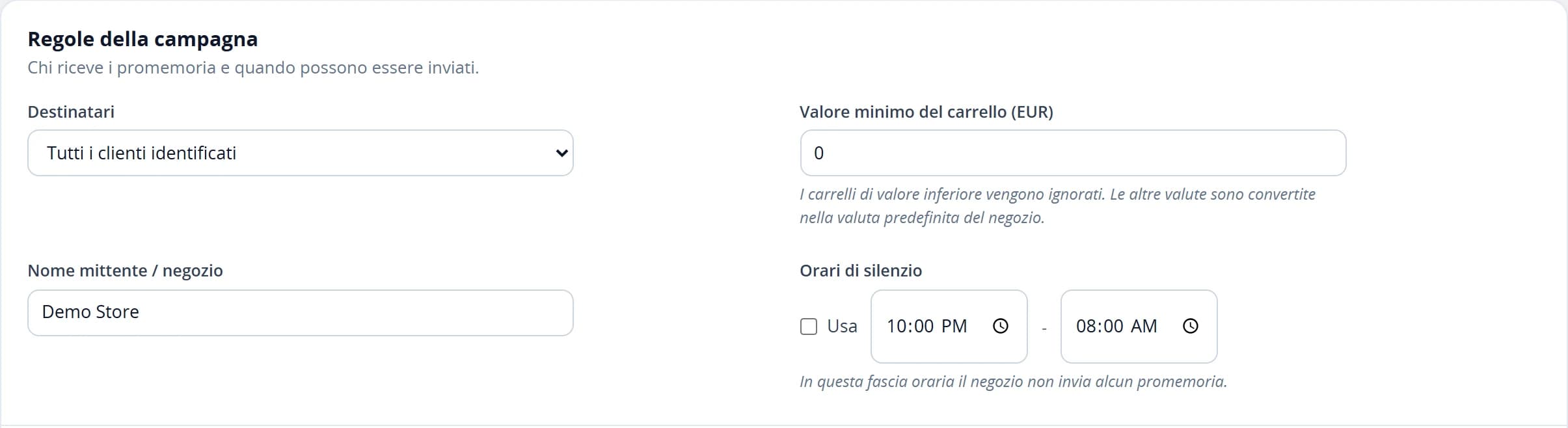 Regole della campagna di recupero: pubblico, valore minimo del carrello, nome del mittente e fascia di silenzio