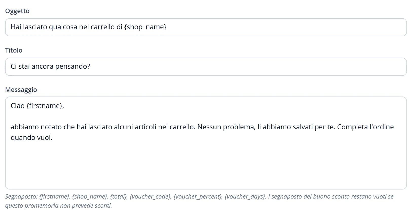 Editor di oggetto, titolo e messaggio del promemoria con i nomi dei segnaposto supportati