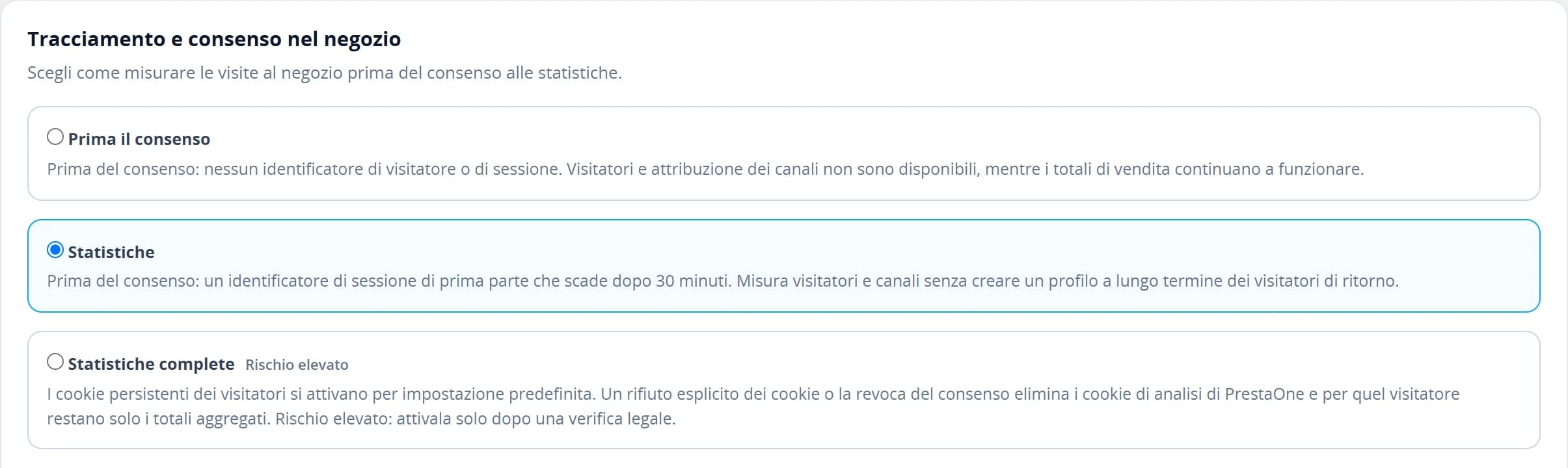 Le tre modalità di tracciamento sul negozio con le relative spiegazioni