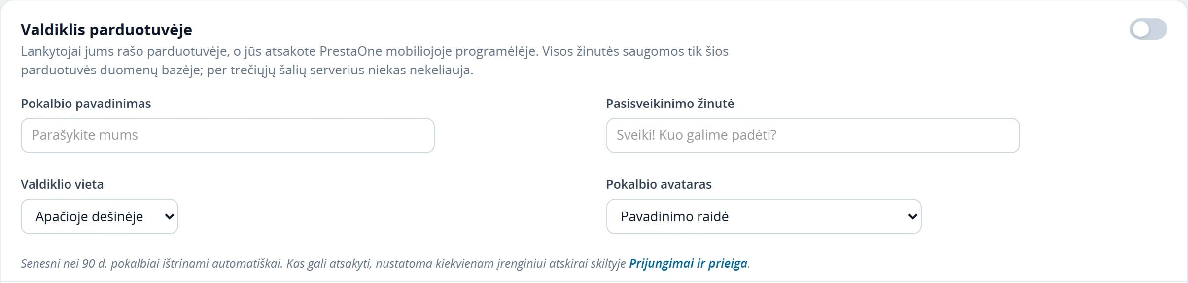 Parduotuvės pokalbių valdiklio nustatymai: jungiklis, antraštė, pasisveikinimo žinutė, vieta ir avataras