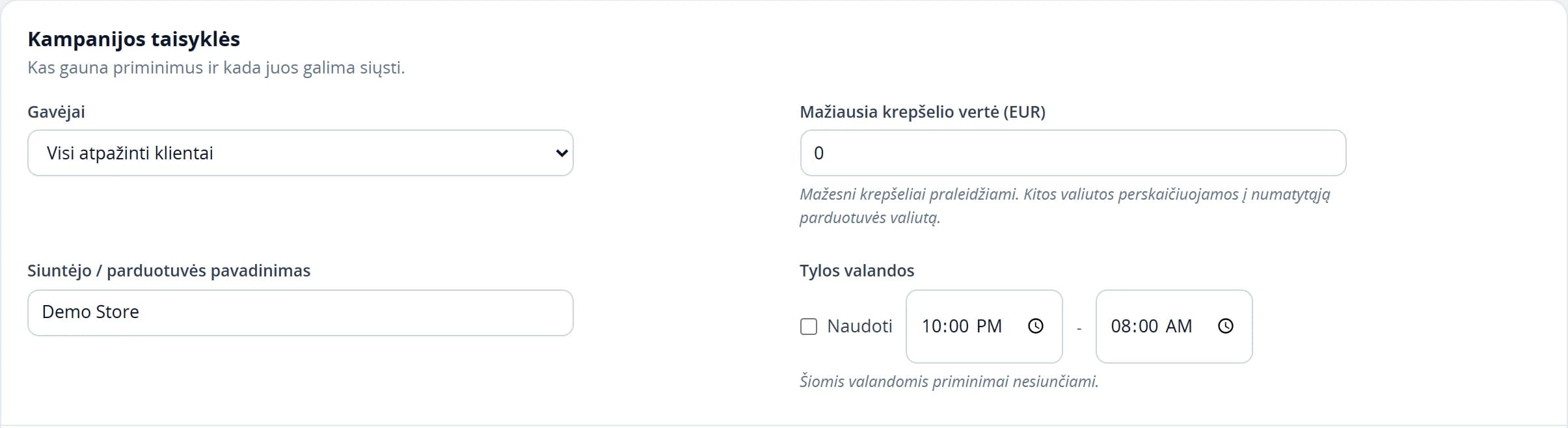 Susigrąžinimo kampanijos taisyklės: auditorija, minimali krepšelio vertė, siuntėjo pavadinimas ir tylos valandos