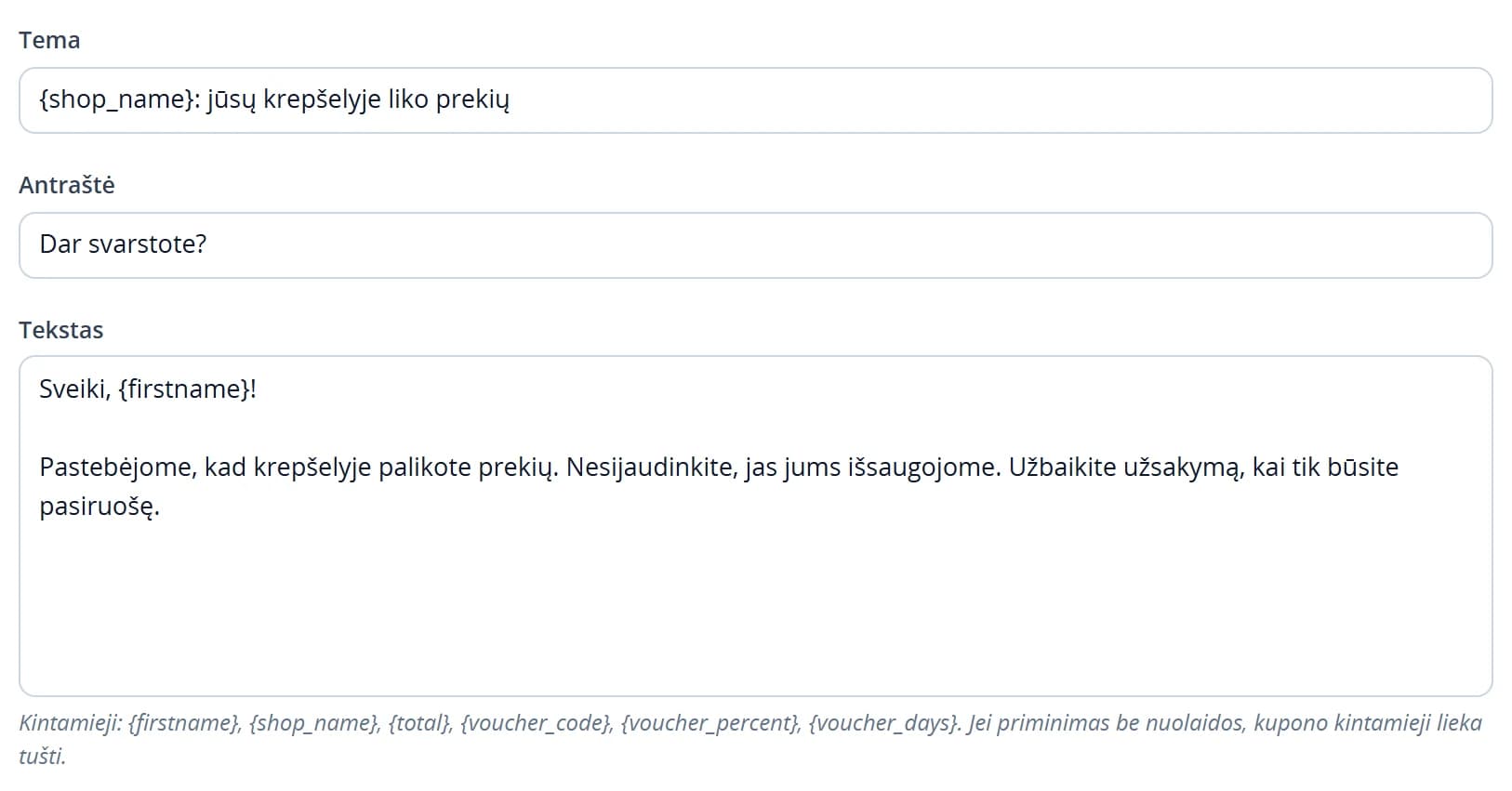 Priminimo tema, antraštė ir laiško redaktorius su palaikomų žymų pavadinimais