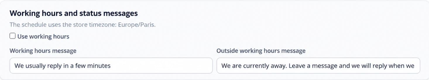 Working hours switch and the two availability message fields