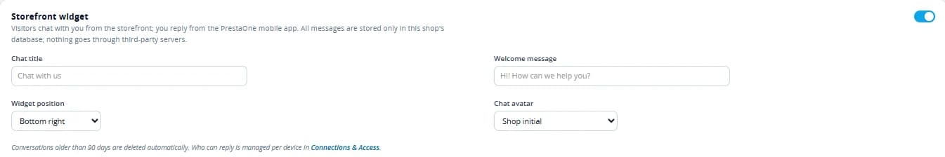 Storefront widget controls for the switch, title, welcome message, position and avatar