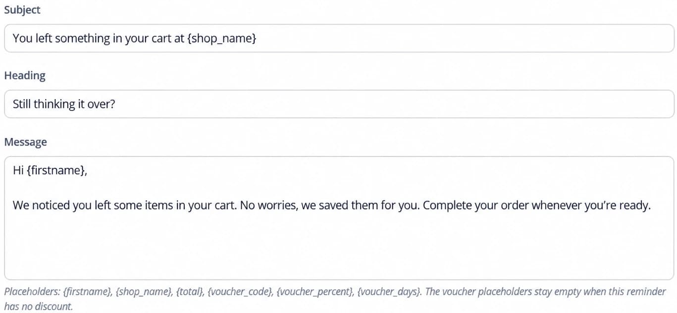 Reminder subject, heading and message editor with supported placeholder names