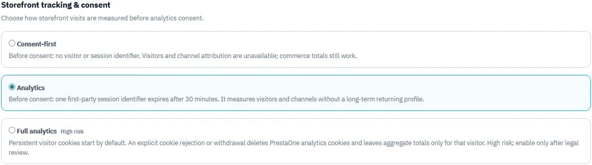 The three storefront tracking modes and their explanations