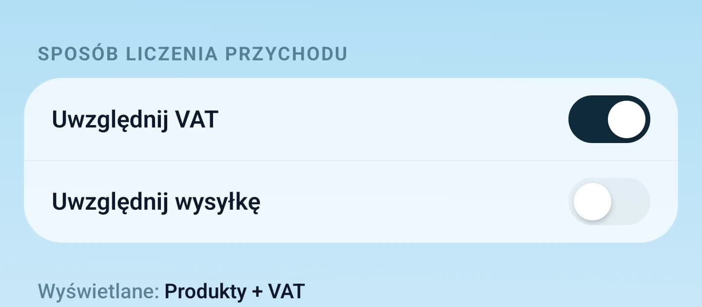 Ustawienia sposobu liczenia przychodu z osobnymi przełącznikami VAT i wysyłki