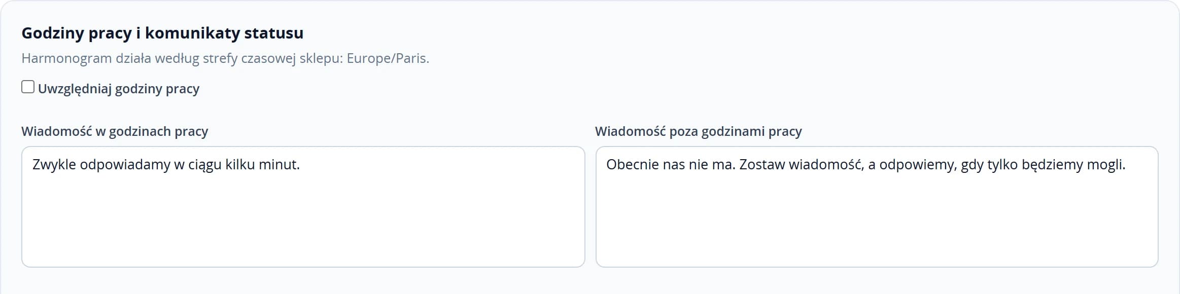 Przełącznik godzin pracy i dwa pola komunikatów o dostępności