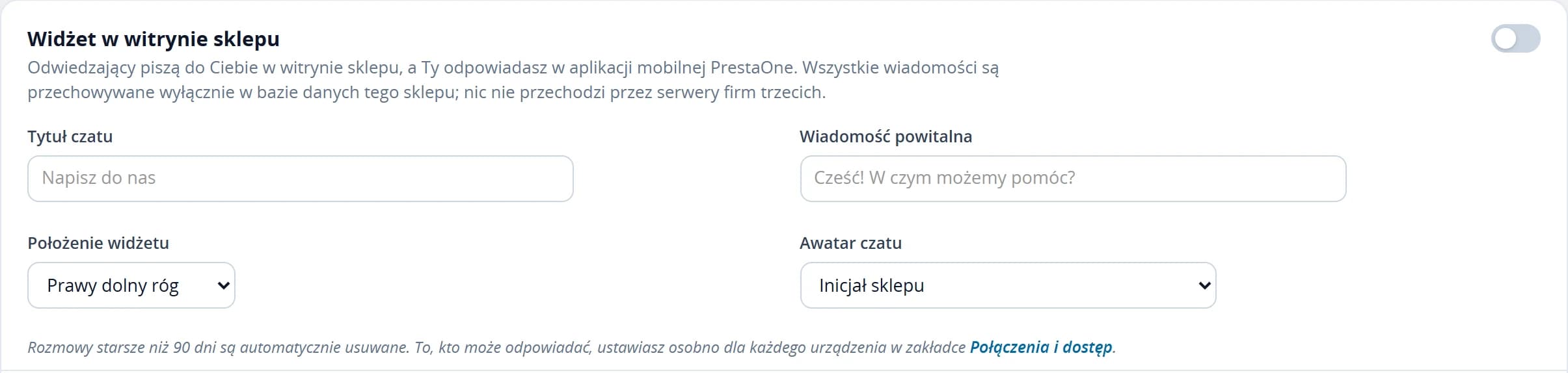 Ustawienia widżetu czatu w sklepie: przełącznik, tytuł, wiadomość powitalna, pozycja i awatar
