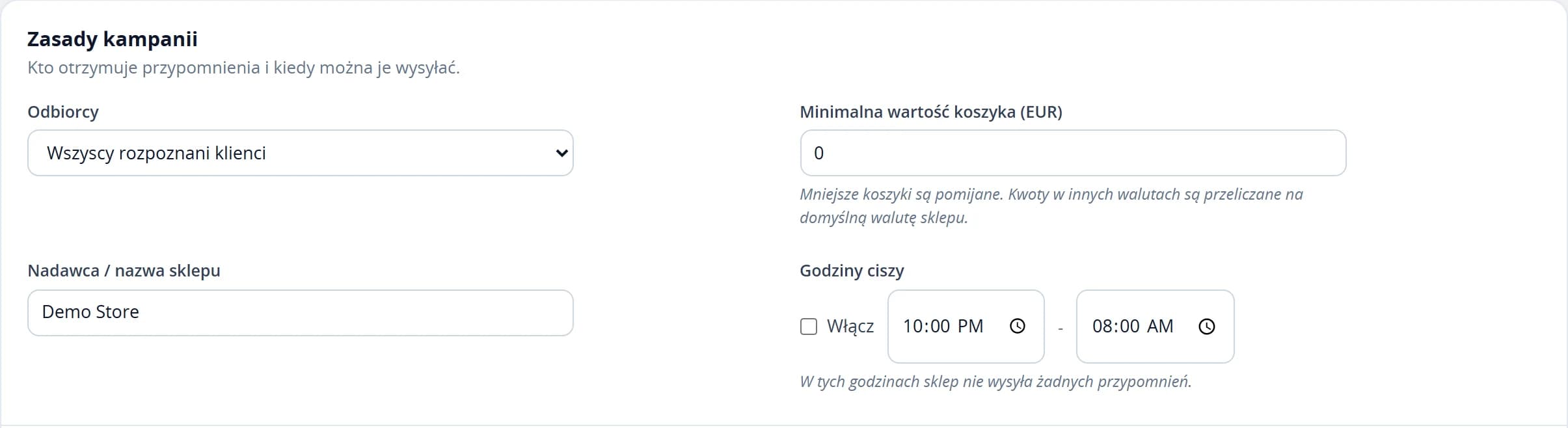 Reguły kampanii odzyskiwania: grupa odbiorców, minimalna wartość koszyka, nazwa nadawcy i godziny ciszy