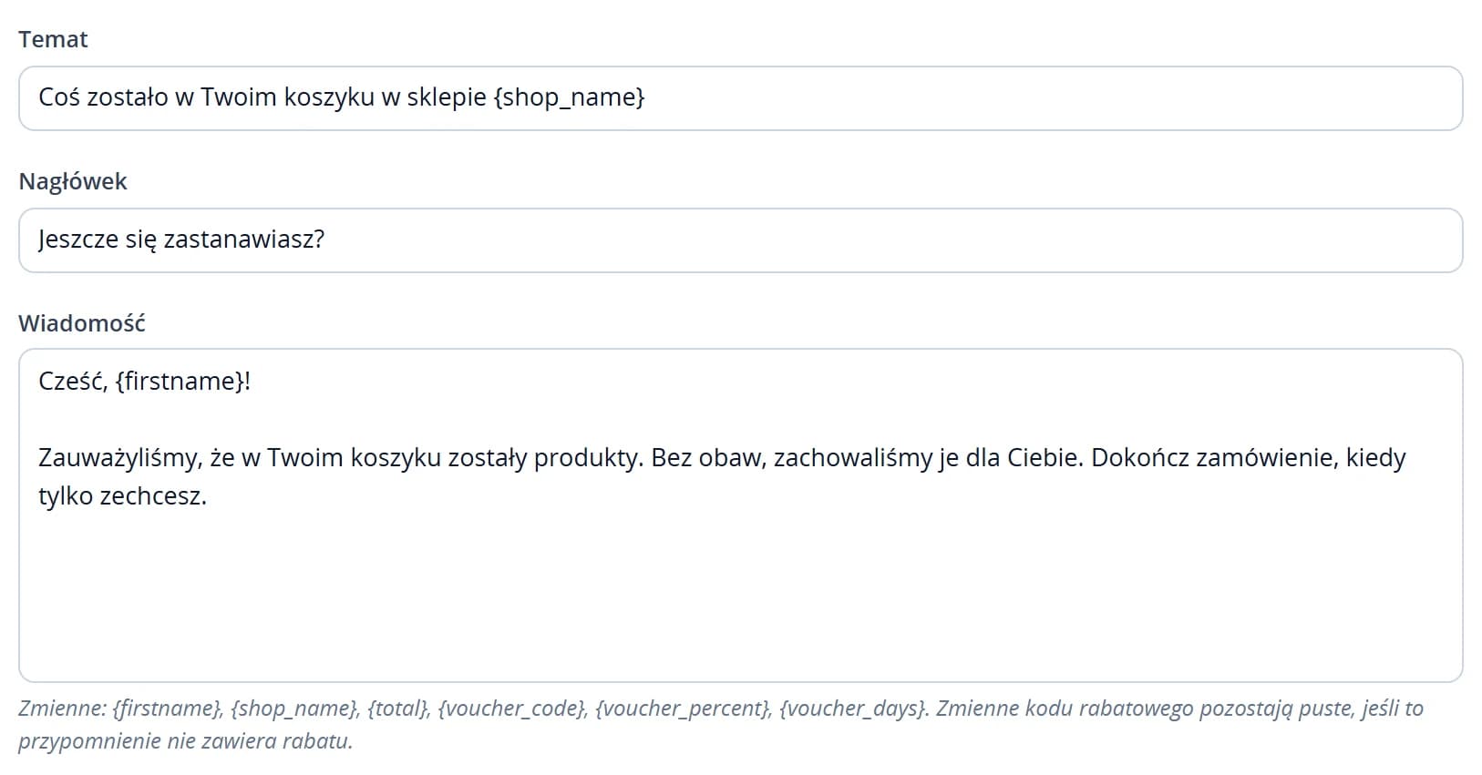 Edytor tematu, nagłówka i treści przypomnienia z nazwami obsługiwanych zmiennych