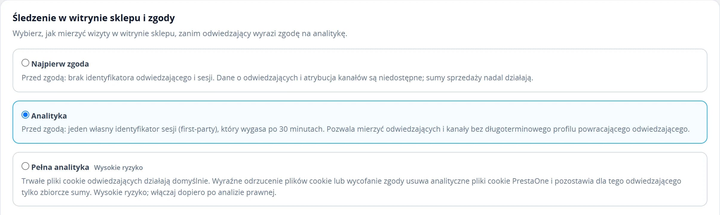 Trzy tryby śledzenia w witrynie sklepu wraz z opisami