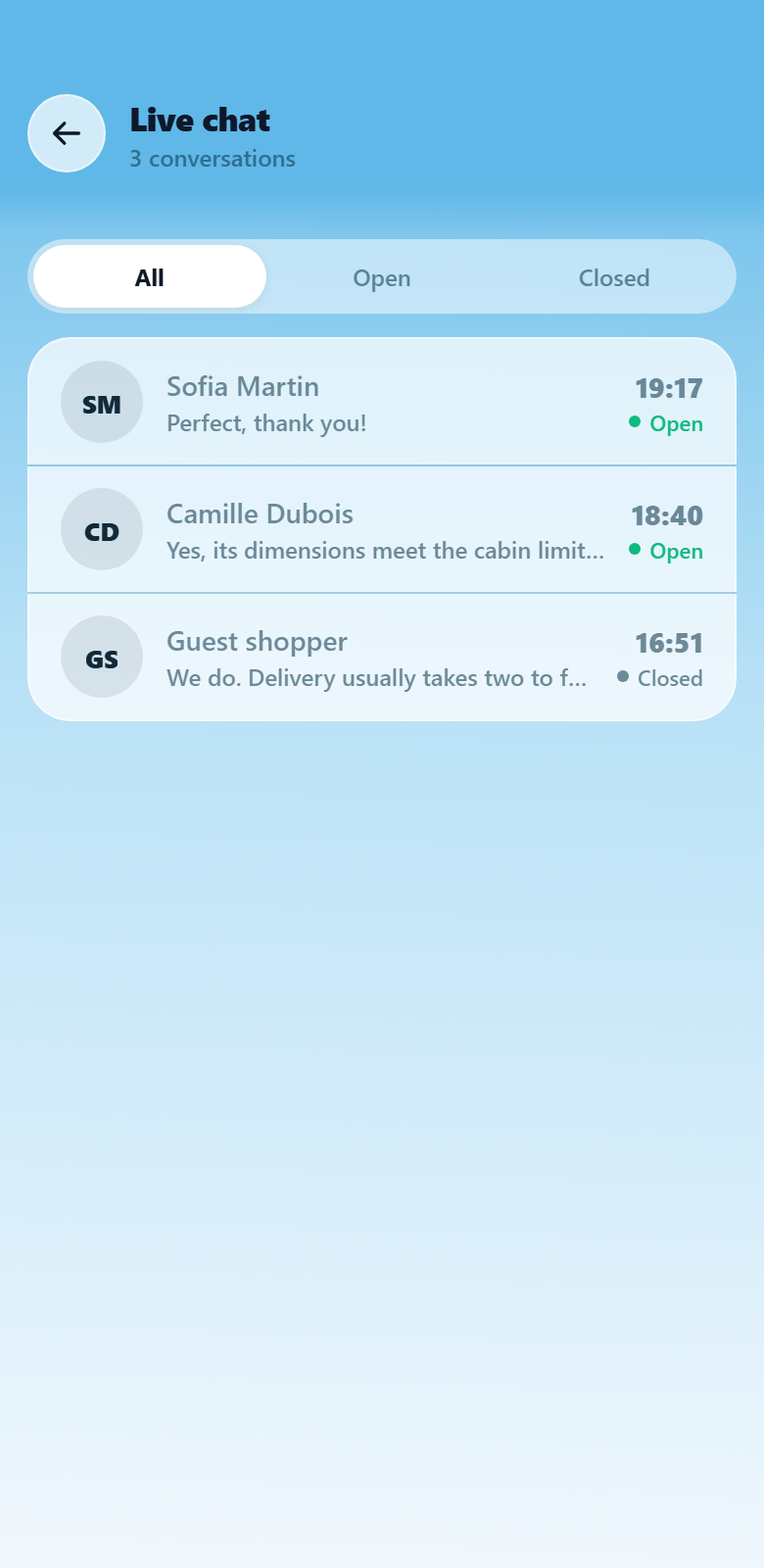 The PrestaOne app live chat list with open and closed conversations