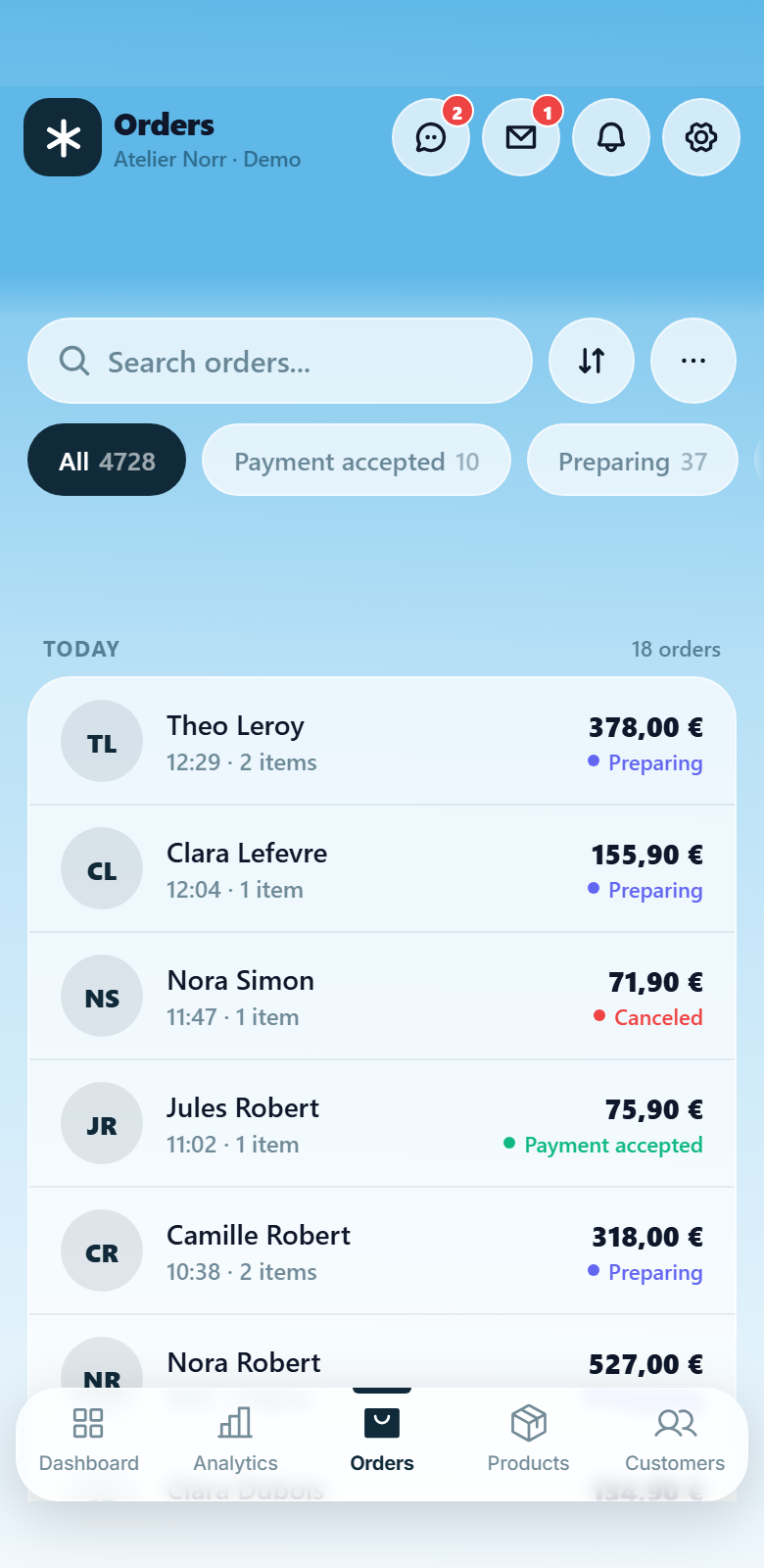 The PrestaOne app orders screen with a push notification about a new order on top