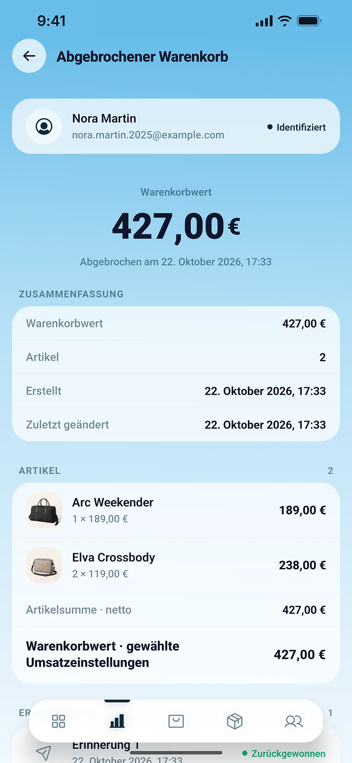 Der Bildschirm „Abgebrochene Warenkörbe“ der PrestaOne-App: Kunde, Warenkorbwert und die zurückgelassenen Artikel